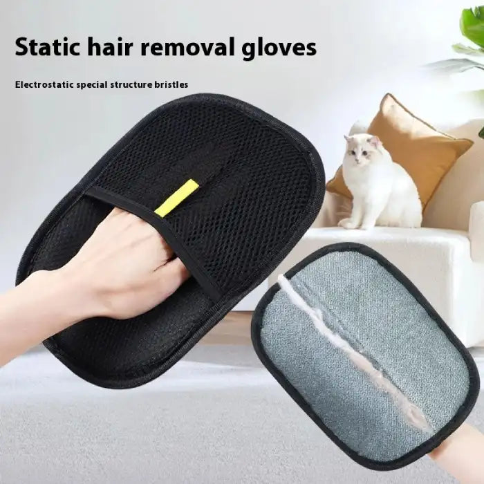 : Pet hair remover glove shown with cat on couch and static bristle section lifting hair