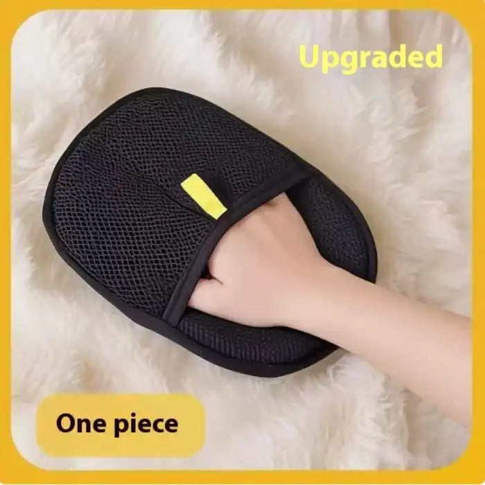 Upgraded one-piece pet hair remover glove with yellow tag placed on soft white fur surface