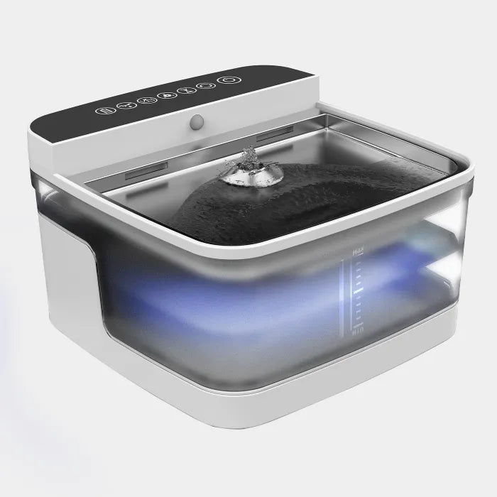 Modern pet water dispenser with blue LED light and clear water level indicator for easy monitoring