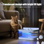 Pet water dispenser features translucent design with bright UV light and visible water level indicator