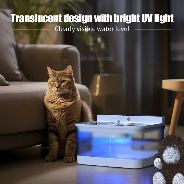Pet water dispenser features translucent design with bright UV light and visible water level indicator