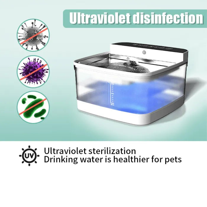 Pet water dispenser with ultraviolet disinfection kills bacteria for healthier pet drinking water