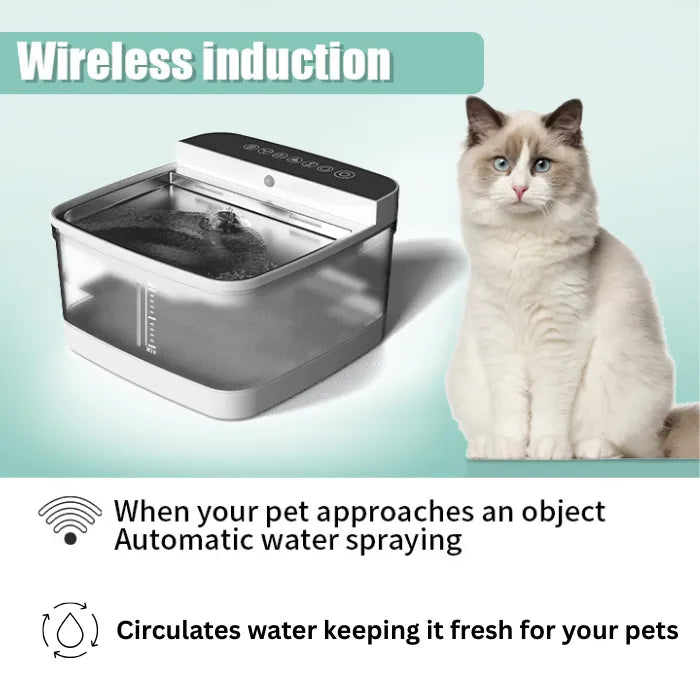 Pet water dispenser with wireless induction that sprays water automatically when pet approaches