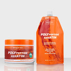 Phofay keratin hair mask in jar and pouch on reflective surface.