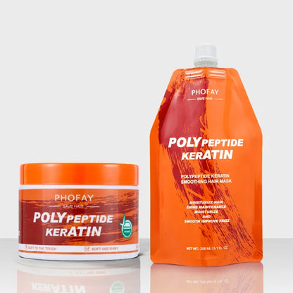 Phofay keratin hair mask in jar and pouch on reflective surface.