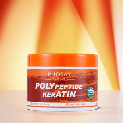 Phofay hair care keratin jar against an orange gradient backdrop.