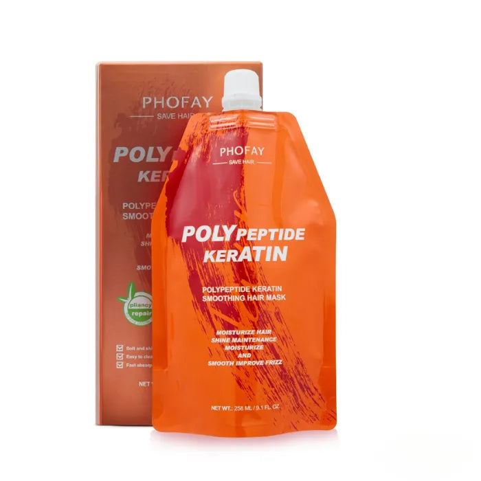 Phofay Poly Peptide Keratin hair mask in a vibrant orange pouch.