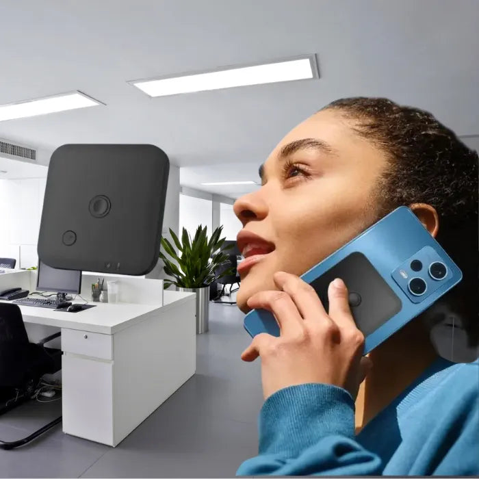 woman speaking on the phone with device that records conversation with a touch of a button