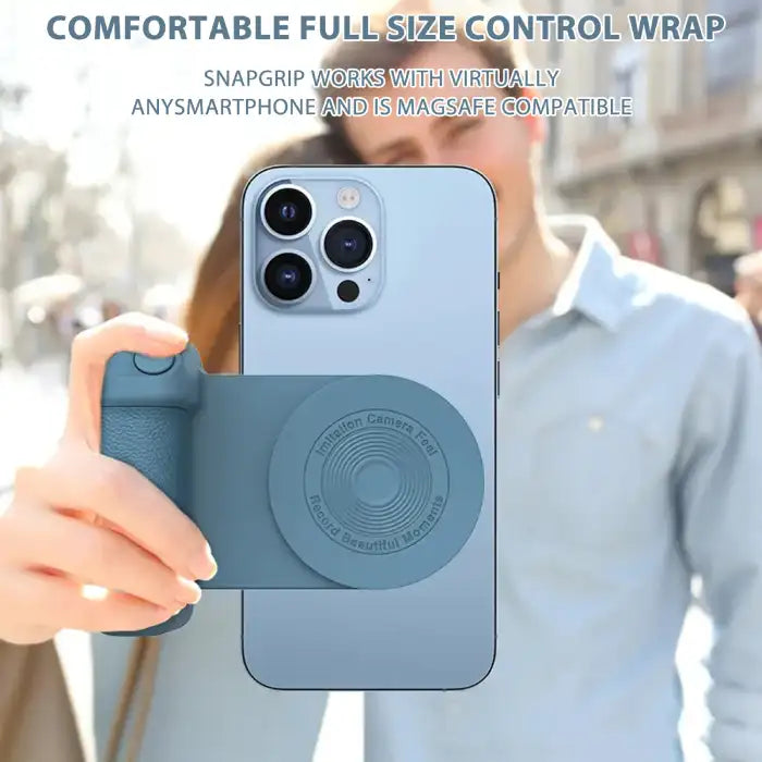 Multifunctional phone grip/stand with magnetic camera handle shown on smartphone in use.