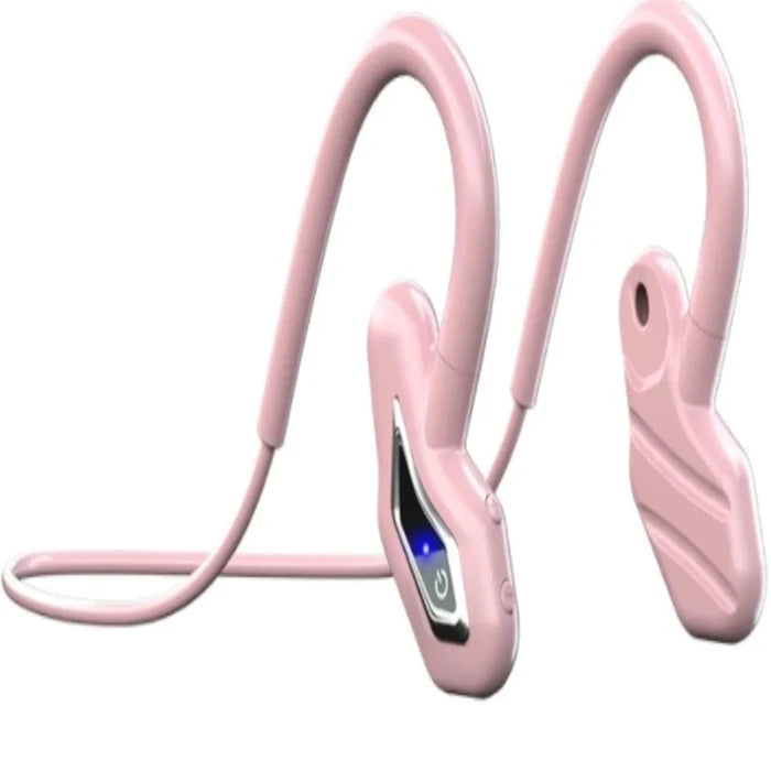 Pink bone conduction headphones with curved design, blue LED light, and power button displayed on white background