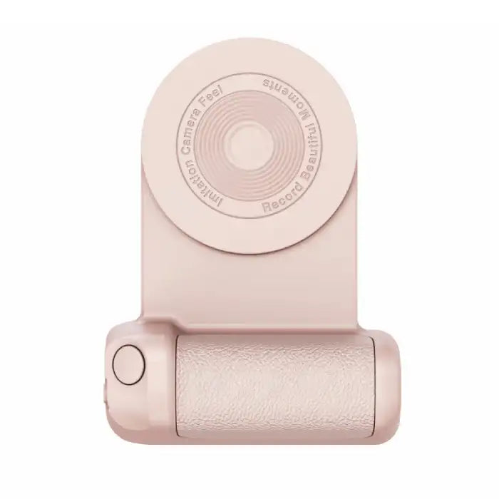 Multifunctional phone grip/stand with magnetic camera handle in soft pink leather texture.