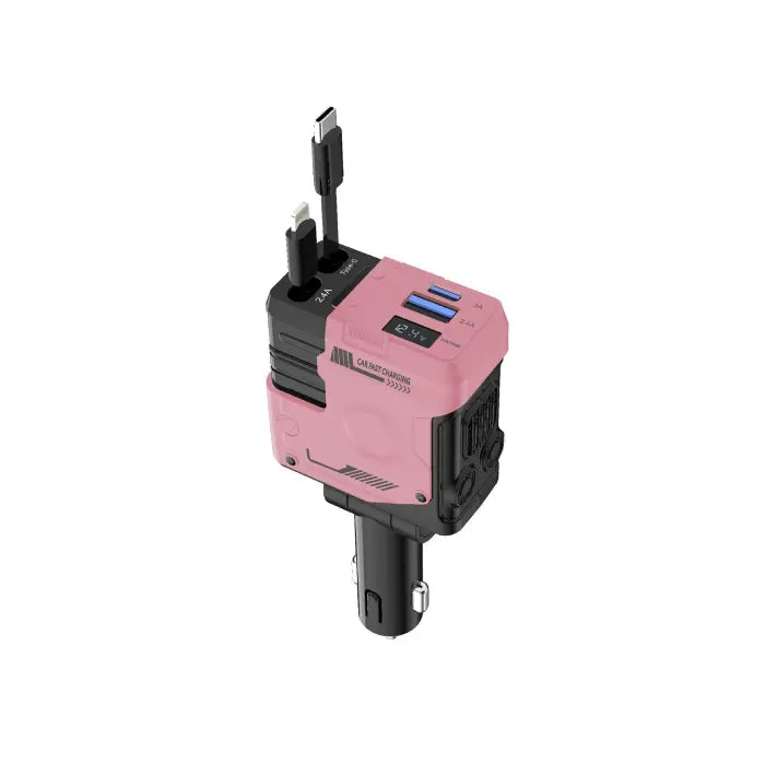 Pink multi-port car charger with digital display, USB ports, and built-in cables for fast device charging