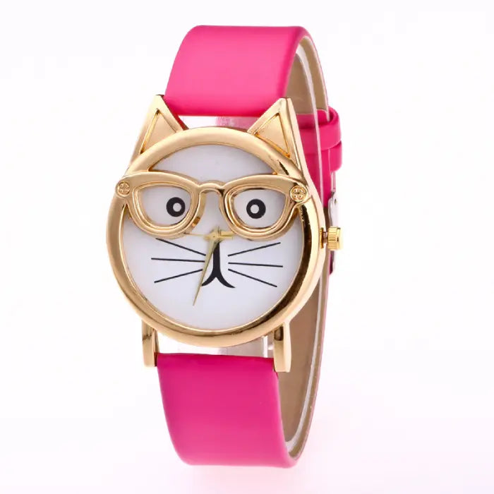 Trendy pink cat-ear wristwatch with a playful cat face design on the dial and gold-tone accents.