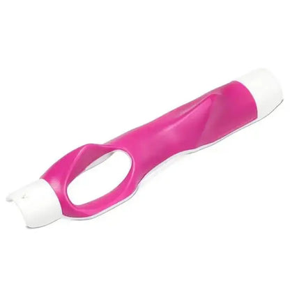 Single pink and white ergonomic golf grip with curved design and finger hole against white background