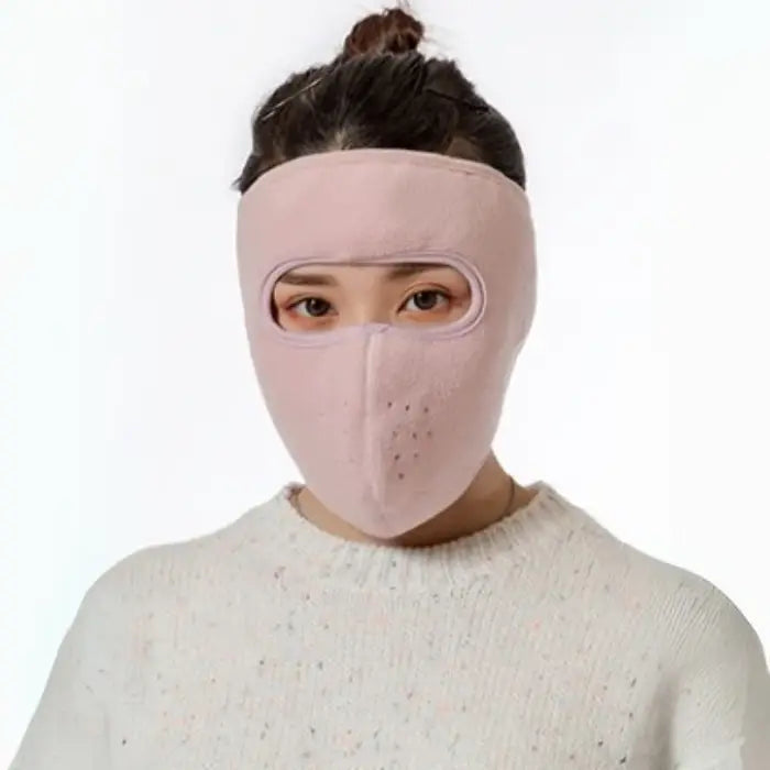 Pink fleece face mask for women designed for effective cold weather and wind protection.