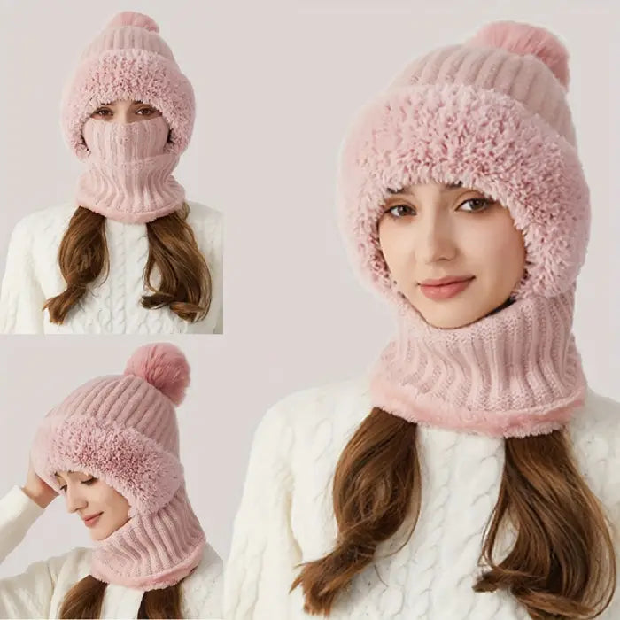 Two views of a person wearing a light pink fuzzy knit winter hat with a matching knit face mask 