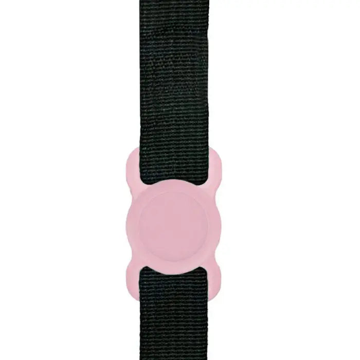 Soft pink GPS Tracker wristband holder attached to a black strap for a secure and chic look.