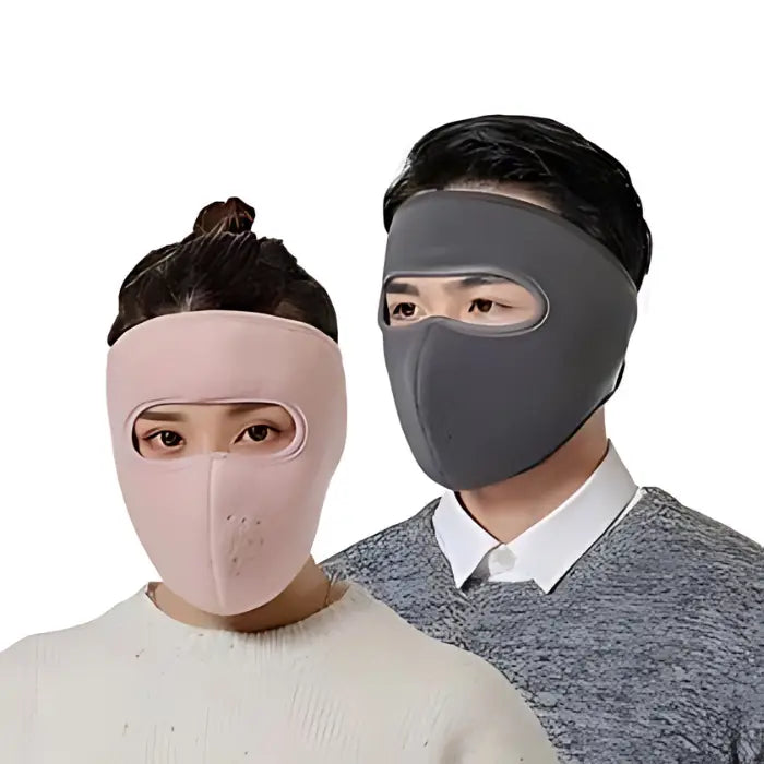 Pink and gray fleece face masks designed for couples, offering warmth and stylish winter protection.