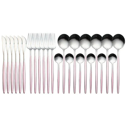 Elegant silverware set with pink handles featuring knives, forks and spoons in modern design