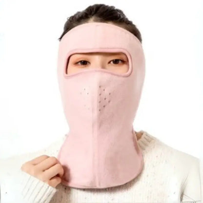 Pink fleece face mask with extended neck coverage for women, ensuring full winter protection.