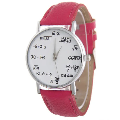 Pink leather wristwatch with white dial adorned with mathematical equations for a fun and stylish look.