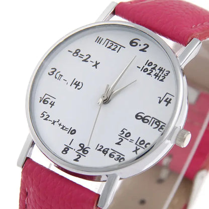 Pink leather wristwatch with unique white dial featuring mathematical equations for a stylish accessory.