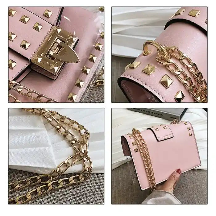 Collage showing details of pink studded handbag: close-ups of lock, strap, chain, and side view held by hand