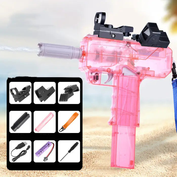 Pink transparent water gun with blue strap and accessory set for exciting summer water fights.