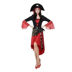 Pirate Halloween costume with black top, red skirt, and skull hat.