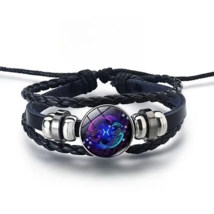 Pisces zodiac leather bracelet with glowing fish design, perfect for astrology and horoscope fans.