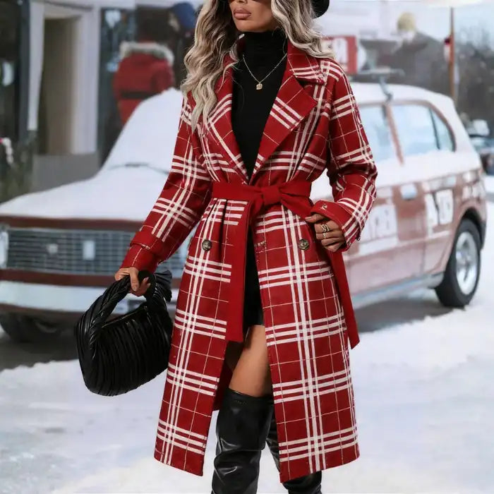 plaid coat red belted trench winter worn with black boots and bag, stylish warm outerwear for chic cold weather outfits