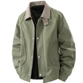 Plaid collar bomber jacket with ribbed cuffs in sage green, featuring front zipper and snap buttons, front view closeup.