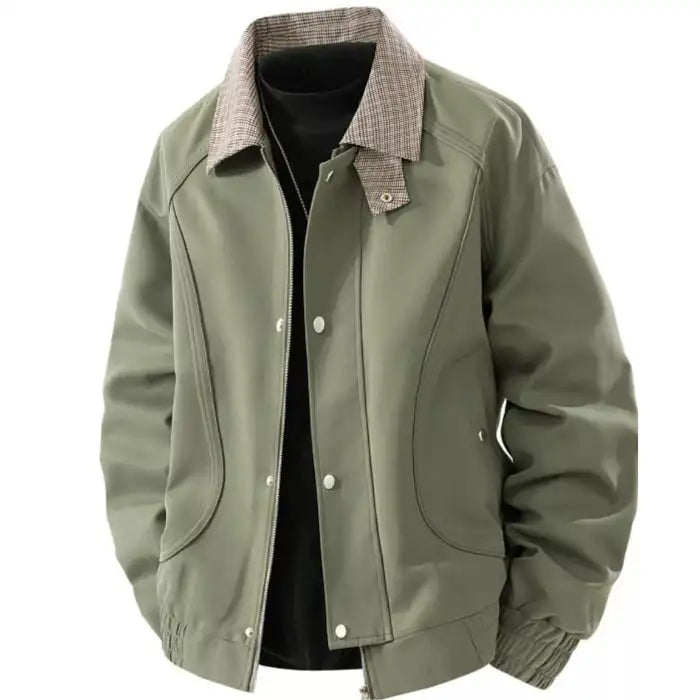 Plaid collar bomber jacket with ribbed cuffs in sage green, featuring front zipper and snap buttons, front view closeup.