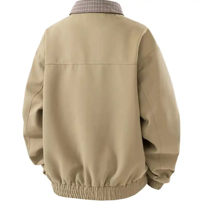 Plaid collar bomber jacket with ribbed cuffs in tan beige, displaying smooth back panel and elasticated hem, rear view.