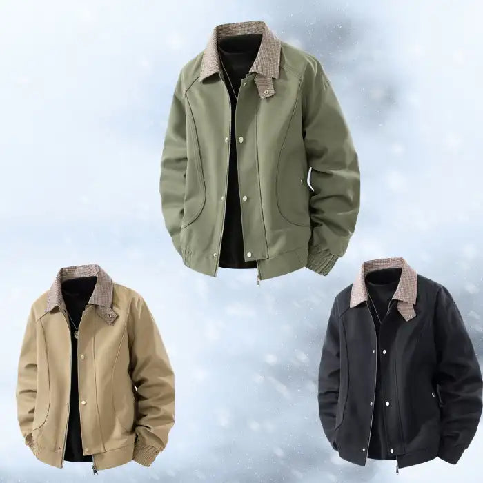  Plaid collar bomber jacket with ribbed cuffs shown in sage green, tan, and black color options on white background.