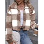 plaid sherpa jacket neutral beige cropped style with button front, perfect fall layering piece for daily outfits