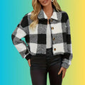 plaid sherpa jacket black and white cropped fit with soft fleece texture, cozy winter layering style for everyday warmth