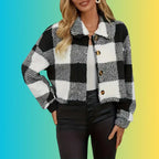 plaid sherpa jacket black and white cropped fit with soft fleece texture, cozy winter layering style for everyday warmth
