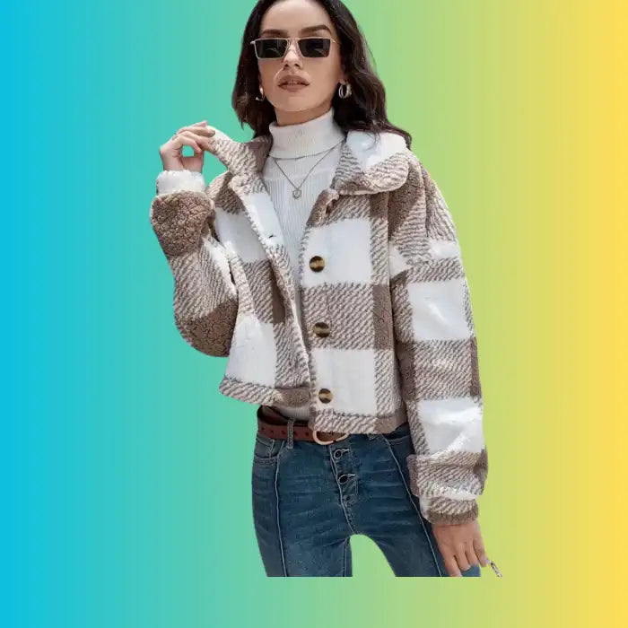 plaid sherpa jacket brown checkered cropped silhouette with plush lining, stylish cold weather outfit choice appeal