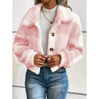 plaid sherpa jacket blush pink cropped cut with ultra soft texture, trendy cozy outerwear for chilly days comfort
