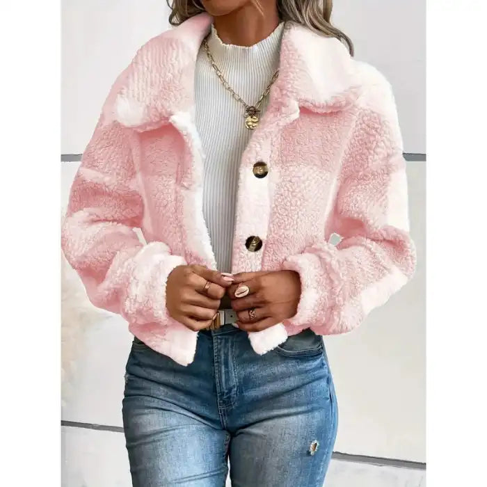 plaid sherpa jacket blush pink cropped cut with ultra soft texture, trendy cozy outerwear for chilly days comfort