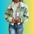 plaid sherpa jacket sage green cropped design featuring fluffy fleece feel for cozy casual winter wear comfort