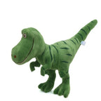 Plus dinosaur toy side view showing green striped details and tail curve