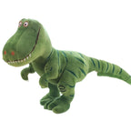 Plus dinosaur toy in green with stripes standing alone against white background