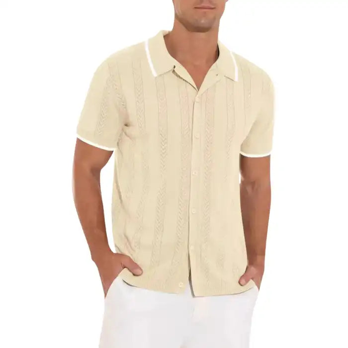 Plus size beige knit shirt with button front and short sleeves with white trim
