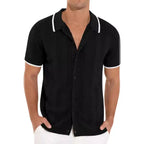 Plus size black knit shirt with short sleeves and white collar trim detail