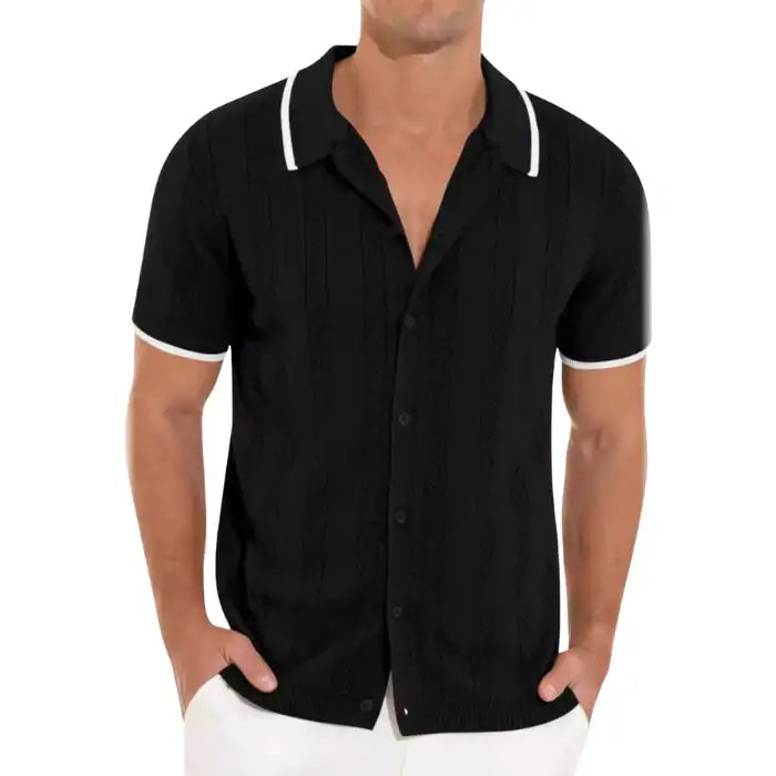 Plus size black knit shirt with short sleeves and white collar trim detail