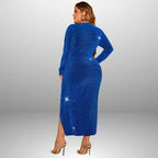 Plus size blue glitter dress back view revealing elegant fit, side slit detail and shimmering royal blue fabric that catches light