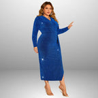 Plus size blue glitter dress from side angle showing flattering wrap style, thigh-high slit and sparkling royal blue fabric