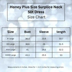 Plus size blue glitter dress size chart displaying measurements for X-Large to XXXX-Large with bust, sleeve and length dimensions